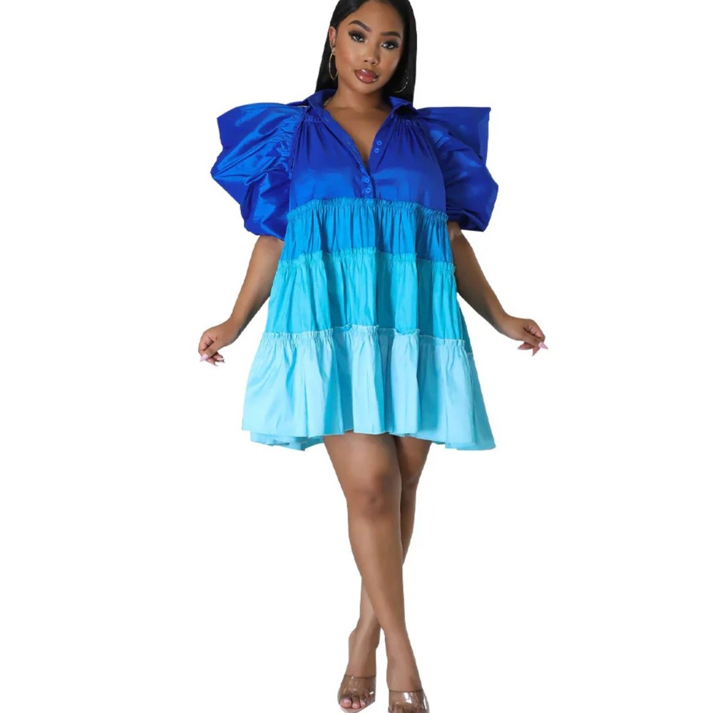 Love Highlight Blue Ombre Tiered Mini Dress XL Dramatic Puff Sleeve Button Front
